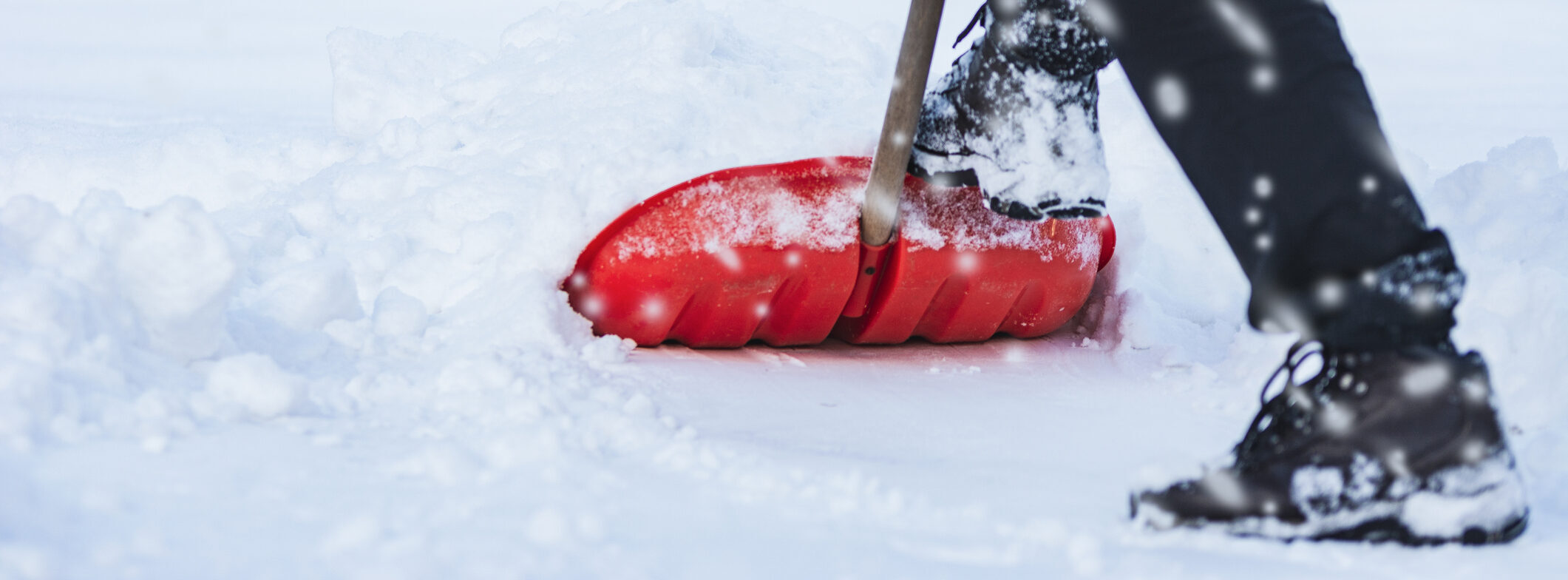 A person shovels snow with a red snow shovel. The image shows the lower half of the person, wearing black pants and black boots, pushing the shovel through thick snow. Snow is scattered around, and the scene appears cold and wintry.