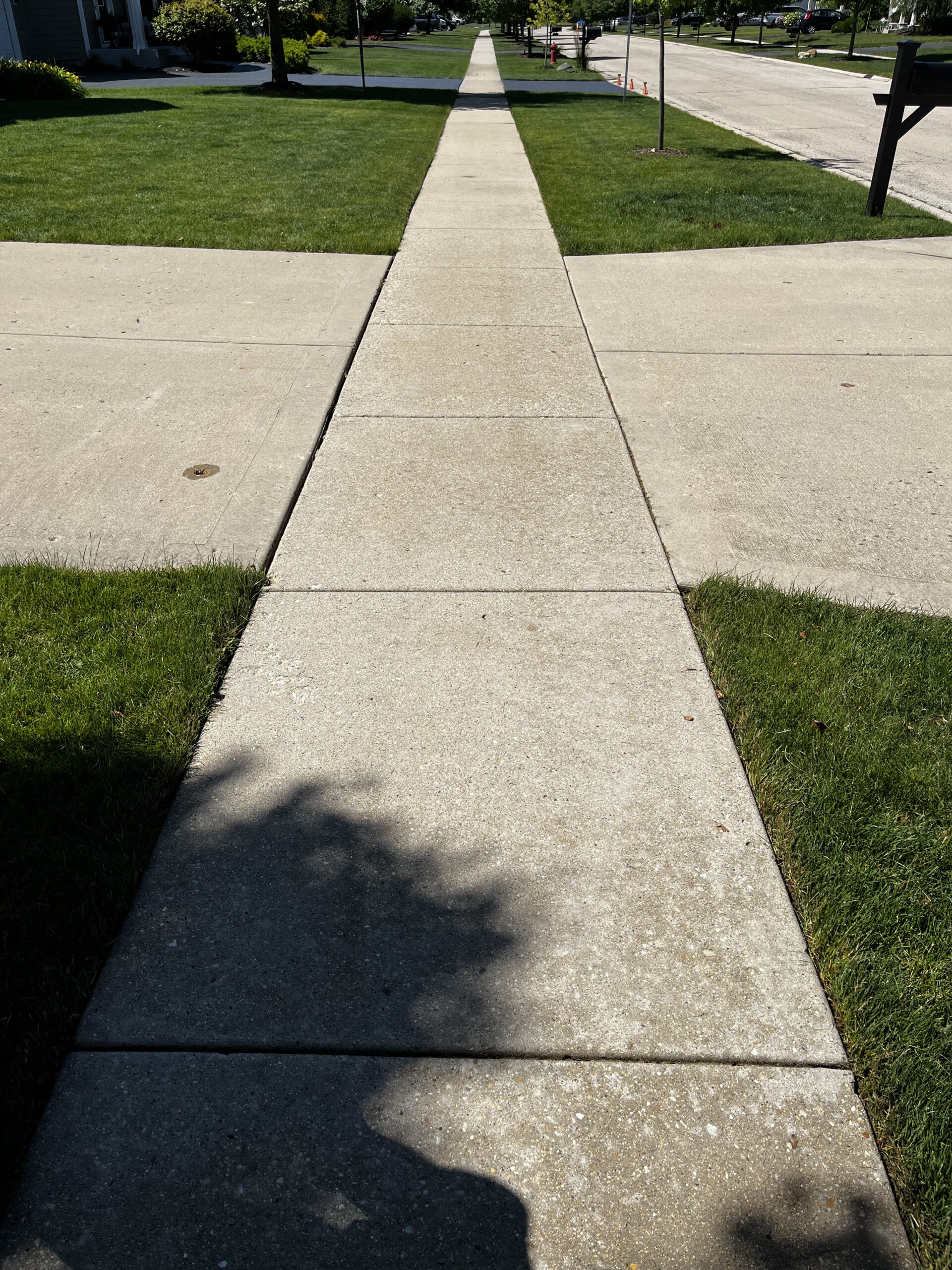 A straight concrete sidewalk stretches into the distance, flanked by well-maintained green lawns on both sides. There is a shadow of a tree on the sidewalk, and a suburban street with parked cars runs parallel to the sidewalk.