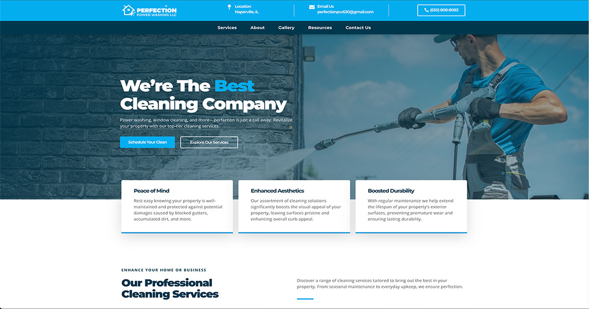 A website page for Perfection Power Washing, featuring a man using power washing equipment. The text states, "We're the Best Cleaning Company," with options to contact or schedule service. Below, three sections highlight benefits: Peace of Mind, Enhanced Aesthetics, and Boosted Durability.